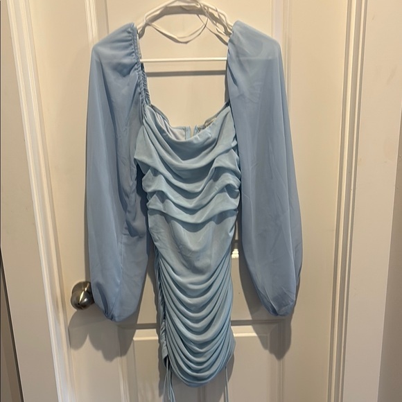 Blue Cowl Neck Bodycon Dress with Bishop Sleeves - Picture 1 of 5